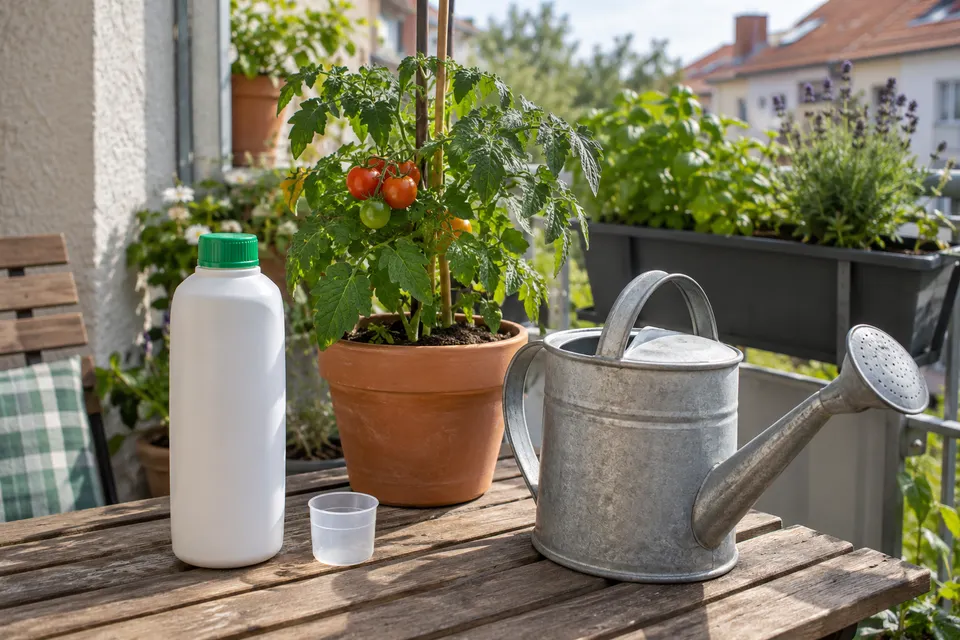 Messbecher und Gießkanne neben einer Balkontomate.