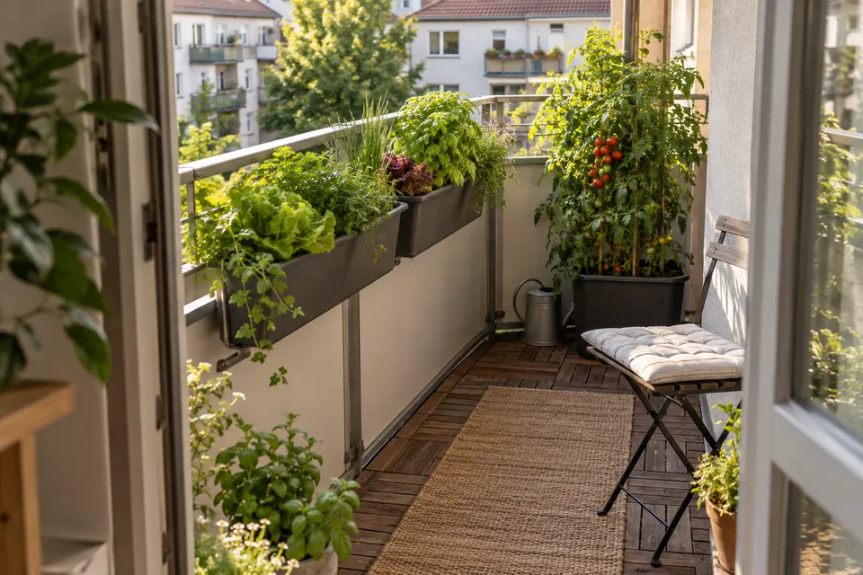 Schmaler Balkon mit Salatkästen, Tomatenkübel und freiem Weg.