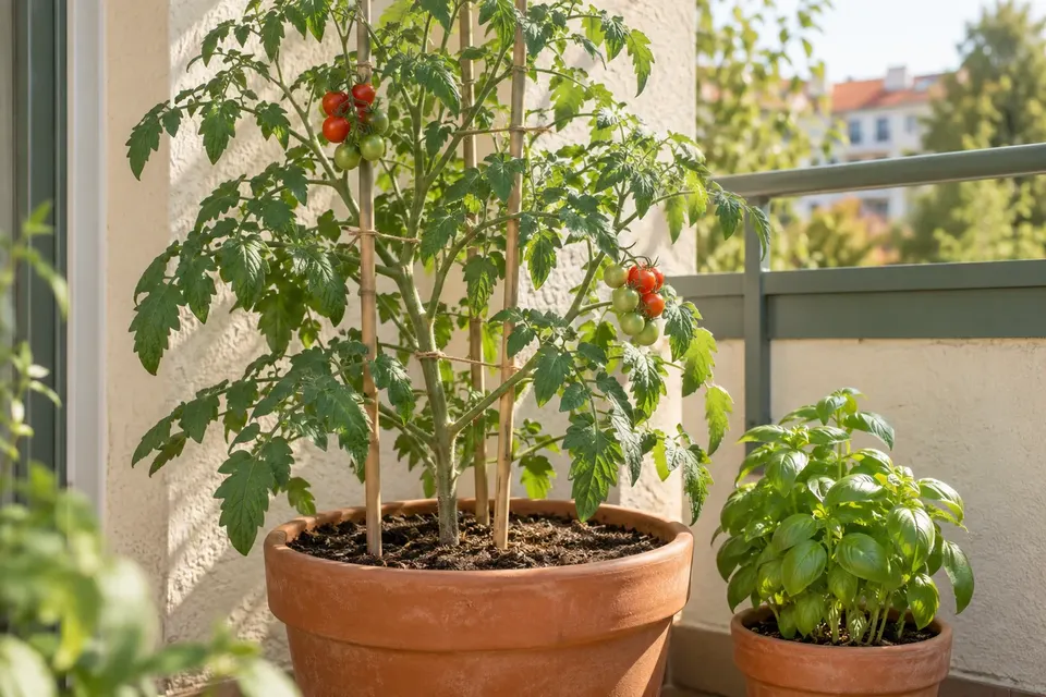 Kirschtomate mit Rankstütze im großen Topf und Basilikum in einem getrennten Topf.