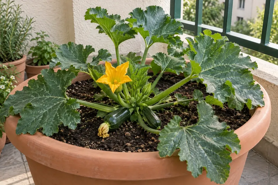 Kompakte Zucchinipflanze in einem großen Kübel mit Früchten nahe der Basis.