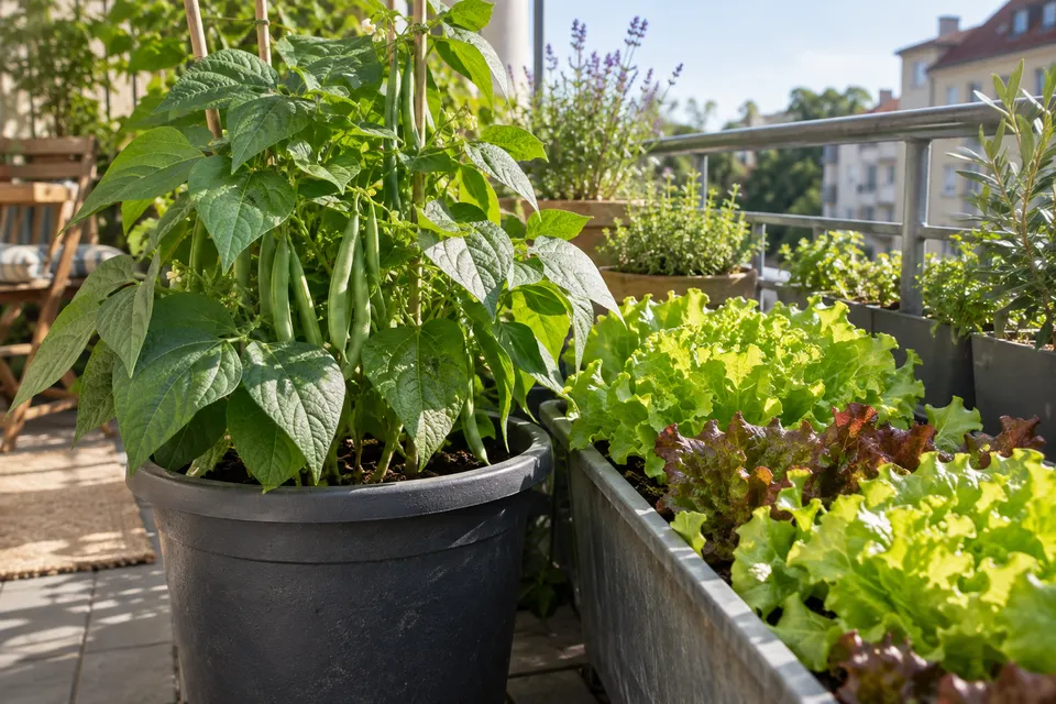 Bohnen und Salat in benachbarten getrennten Gefäßen.