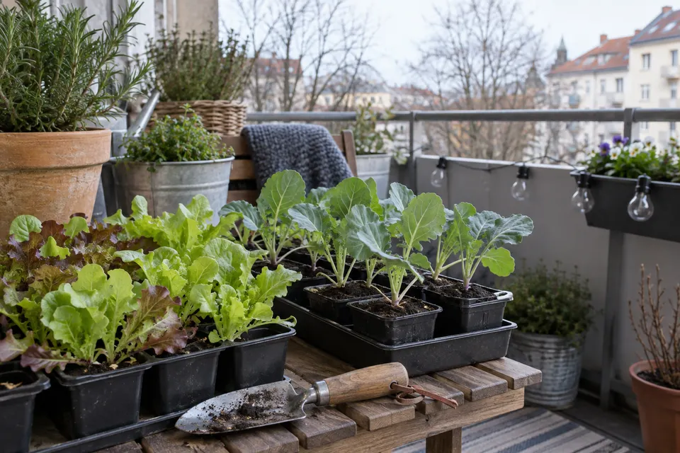 Junge Salat- und Kohlrabipflanzen auf einem geschützten Balkon.