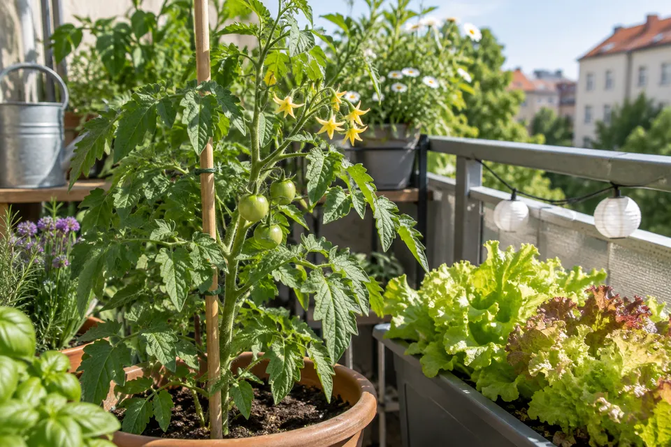 Blühende Tomate mit kleinen grünen Früchten im Juni.