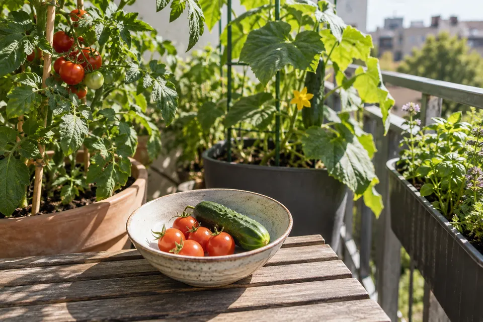 Kleine Sommerernte aus Tomaten und einer Gurke.